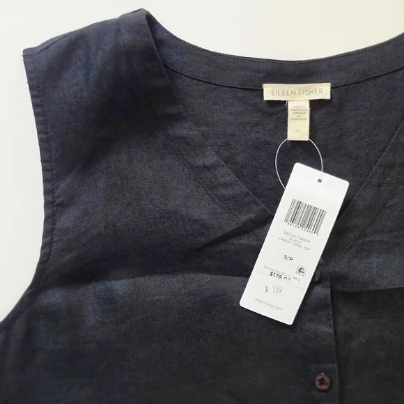 NWT EILEEN FISHER Black Linen Sleeveless Button Front Long Tunic, Size S/P - Picture 4 of 10